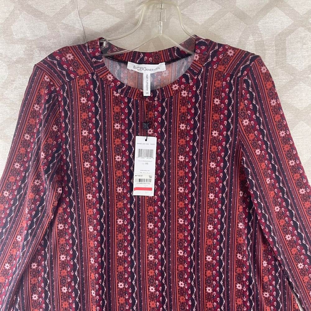 BCBGeneration Womens XS Maroon Geometric Floral Stripe Long Sleeve Swing Dress - Picture 6 of 8
